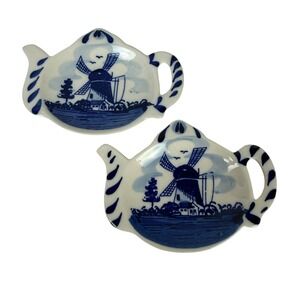 Delft Blue Handpainted Ceramic Teapot Tea Bag Rests Windmill Set of 2